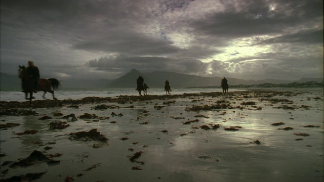 在深灰色的天空下，人们骑着马沿着海藻覆盖的海滩，Muizenberg，南非。视频素材