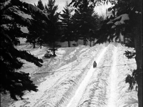 1924年，滑雪橇滑下白雪覆盖的山/普莱西德湖/工业视频素材