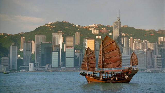 背景为香港天际线的港口内的舢板/中区视频素材