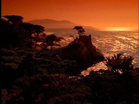 在圆石滩的岩石上，加州海岸线/太平洋在背景/橙色滤镜视频素材