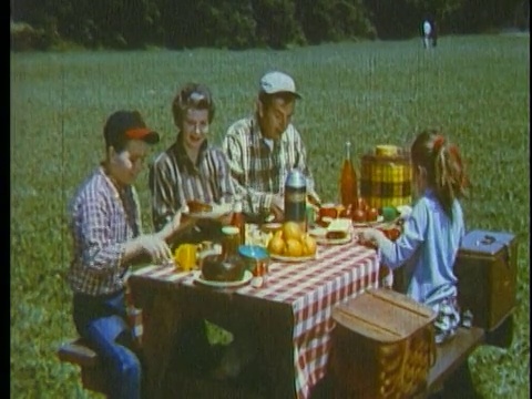 1960年，一家人在野餐桌上传递食物视频素材