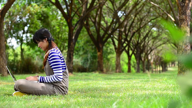 亚洲女人在公园里用笔记本电脑视频素材