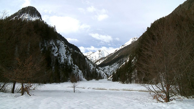 斯洛文尼亚Triglav Bohinj冰冻的湖和积雪覆盖远处的山视频素材