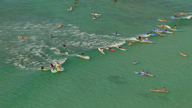 WS鸟瞰图冲浪者站在冲浪板上骑小波浪，其他冲浪者划桨到威基基海滩在瓦胡岛/檀，夏威夷，美国视频素材