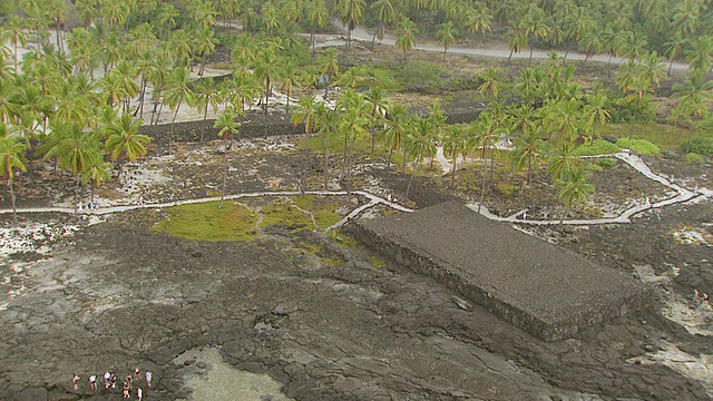 鸟瞰美国夏威夷大岛上的普乌霍诺瓦O霍诺努公园的石墙视频素材