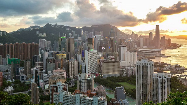 高清延时:空中香港天际线城市景观日落视频素材