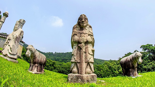 京乡朝鲜皇陵的Muninseok和Muinseok(石像)景观(韩国历史遗址193，联合国教科文组织世界遗产)视频素材