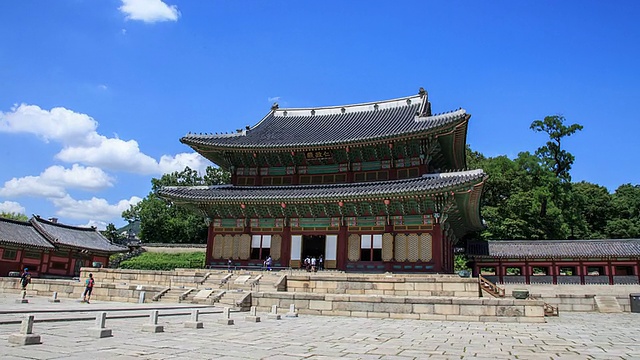 观Injeongmun gate(Korea Treasure 813)和changgyungung (ancient palace)的蓝天白云视频素材