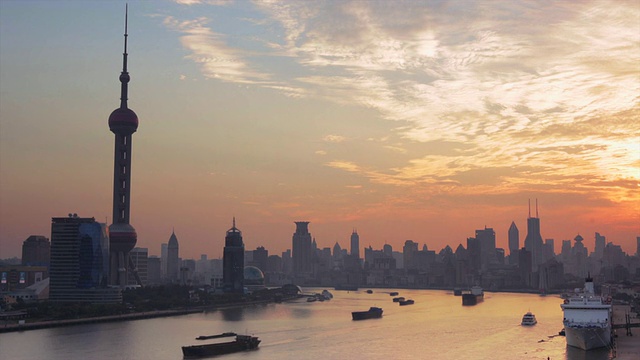 日落外滩和浦东天际线沿着黄浦江，上海，中国。视频素材