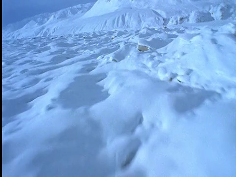 从空中俯瞰冰雪覆盖的岩石苔原，朝向山脉/阿拉斯加视频素材