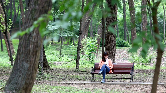 一名女子在汉城的朝鲜王朝国王墓公园里看手机视频素材