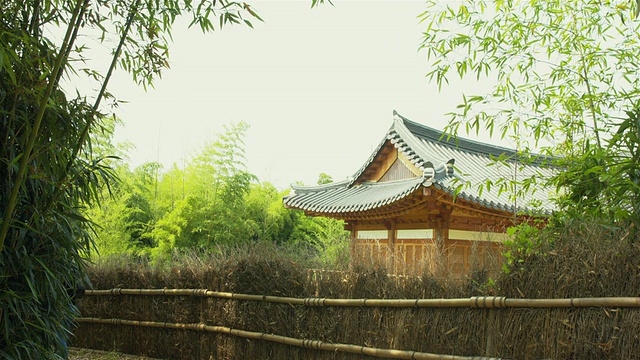 一对情侣在竹园的Usongdang(朴东实大师在那里学习盘索里)附近散步。视频素材