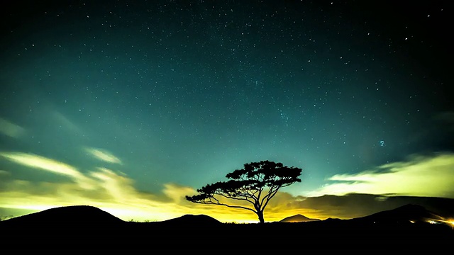 韩国济州岛，济州岛，济州岛，在济州岛的夜晚，壮观的天空和一棵aeol -eup树视频素材