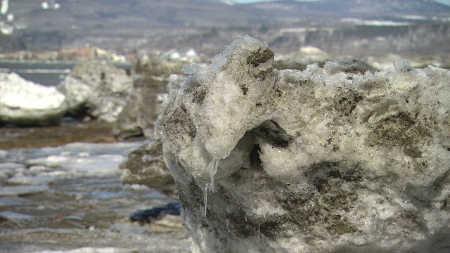 加拿大魁北克附近的河流拍摄的雪和岩石视频素材