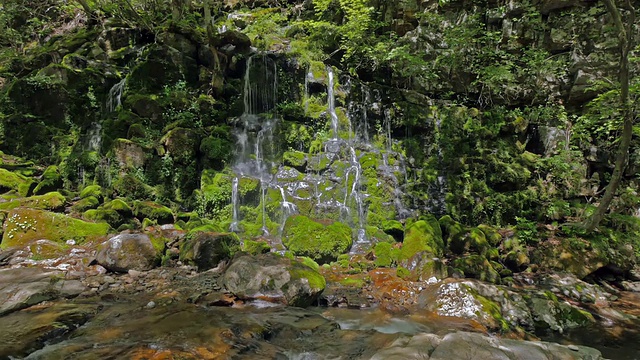 在吉日三国家山公园，苔藓覆盖的斯尔比丹瀑布视频素材