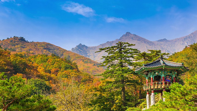 摄于锦冈山黄沙寺的凉亭和雪山山视频素材