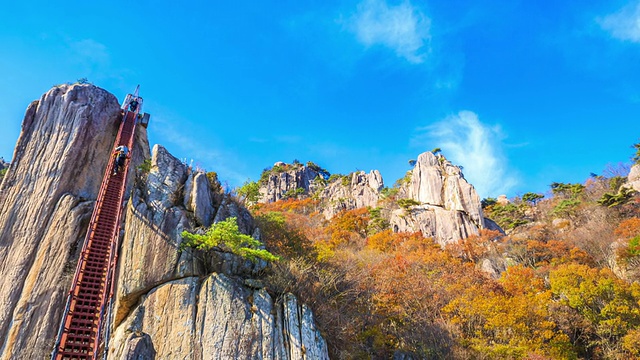 这张照片拍摄于秋高气清的大墩山，人们爬上楼梯视频素材