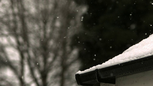 雪落在被雪覆盖的屋顶上，慢镜头视频素材