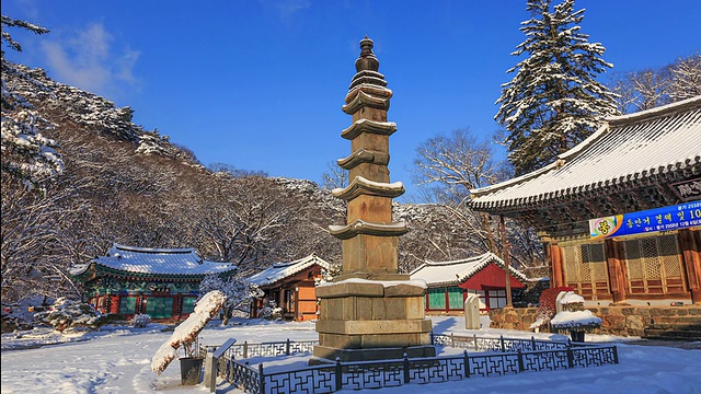 麻谷寺的石塔(韩国宝塔799)的雪景视频素材