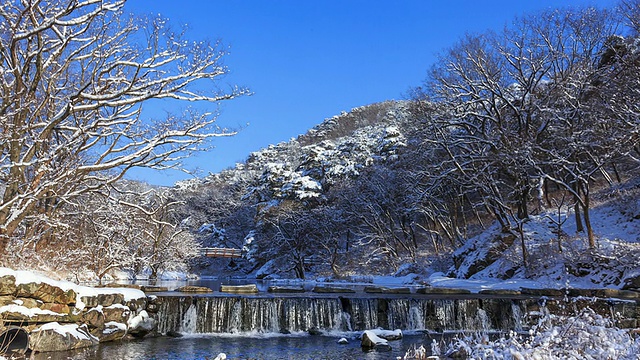 在马戈萨寺的树枝和小溪上拍摄的雪视频素材