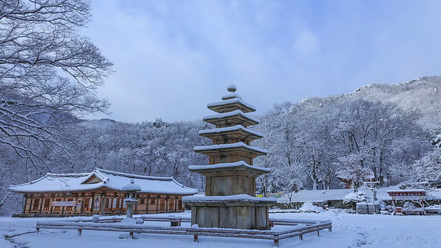 Muryangsa寺的石塔(韩国宝185)和石灯(韩国宝233)雪景视频素材