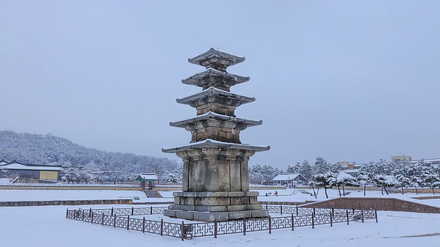 Jeongnimsajiocheungseoktap(石塔，韩国国宝9号)在Jeongnimsa寺遗址的雪景视频素材