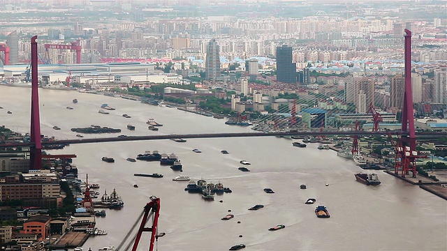 沿着洪浦江和大桥航行的多艘驳船/上海，中国视频素材