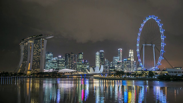 WS T/L天际线显示滨海湾金沙和飞行在夜间灯光秀/新加坡视频素材