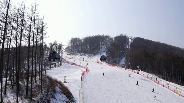 人们在雪地上和滑雪胜地的空中缆车的观点视频素材