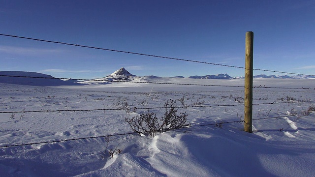 雪堆上的铁丝网护栏覆盖着草原，背景是群山。视频素材