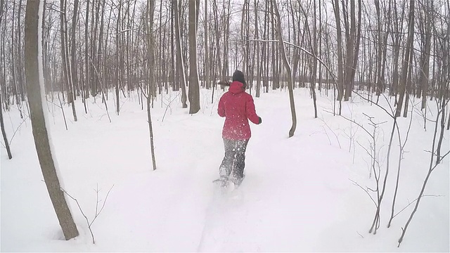 在粉末雪中穿着雪鞋跑步的女人视频素材