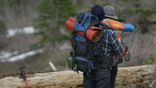 一个男人和一个女人一起在山上的森林里徒步旅行后休息。视频素材