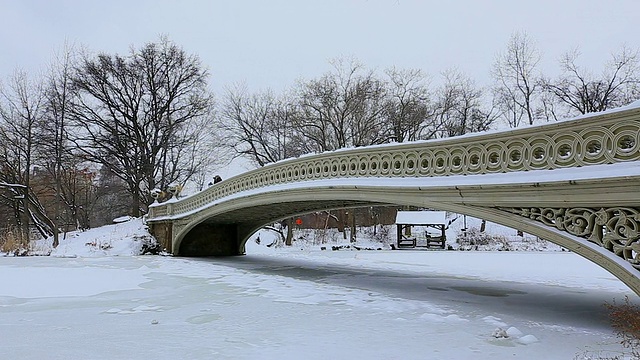 PAN相机在下雪的时候捕捉到了结冰的湖面和被雪覆盖的弓桥。中央公园西部住宅可以看到后面的湖完全冻结的温度。视频素材