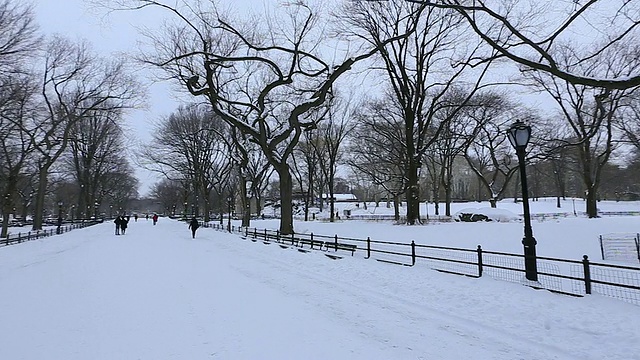 360度的中央公园购物中心雪景。相机拍下了人们在冰雪覆盖的购物中心里行走的画面，购物中心周围环绕着冬天的枯树。视频素材