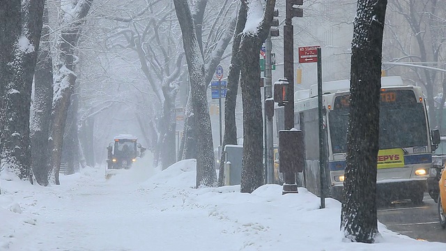 扫雪机正在第五大道的人行道上运行，这条人行道被积雪的树木环绕着。第五大道的车辆行驶缓慢。视频素材