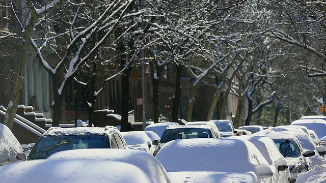 TU的相机捕捉到了昨晚早上被雪包裹的汽车。可以看到一排白雪皑皑的树木和住宅公寓。视频素材