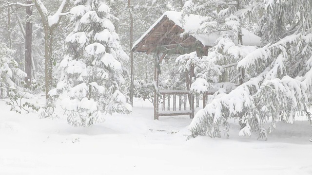 雪花飘飘，林中有凉亭视频素材