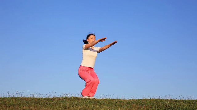 在草地上锻炼的女人。视频素材