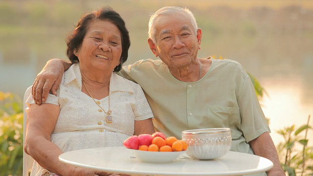 快乐的老夫妇坐在户外视频素材