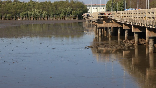 HD多莉:桥建在海滩的浅水上。视频素材