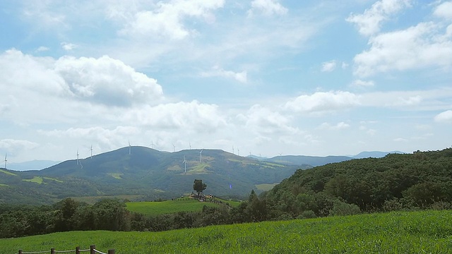 韩国江原道平昌大墙岭牧场(旅游景点)的绿地和风力涡轮机视频素材