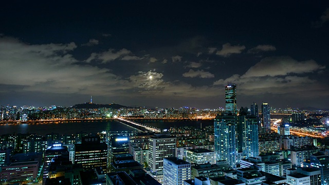 韩国首尔Yeouido(韩国商业区)和汉江夜景视频素材