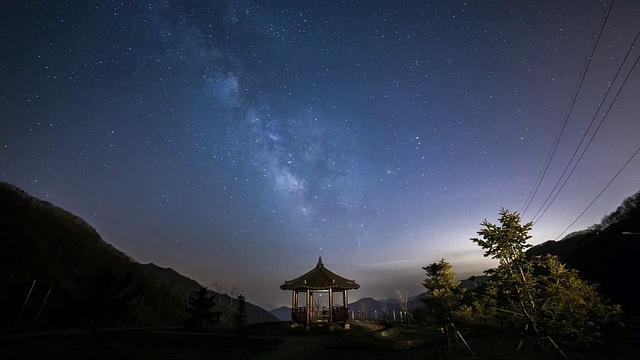 观景韩国传统建筑(露台)和星空中的银河视频素材