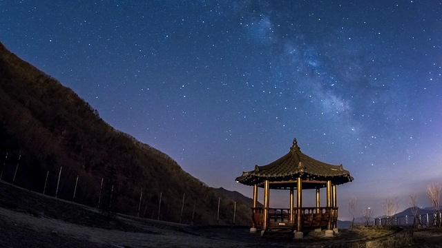 观景韩国传统建筑(露台)和星空中的银河视频素材