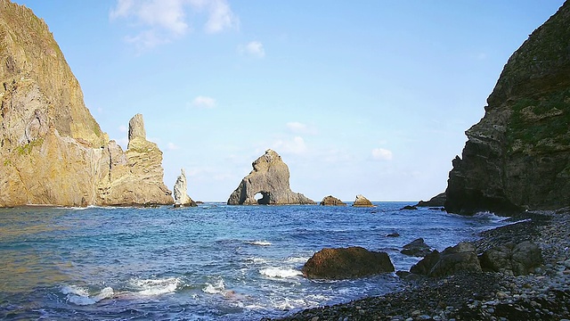 海浪拍打着独岛的岩石(独岛是位于朝鲜半岛东部的韩国小岛，受欢迎的目的地)/韩国庆尚北道乌梁视频素材