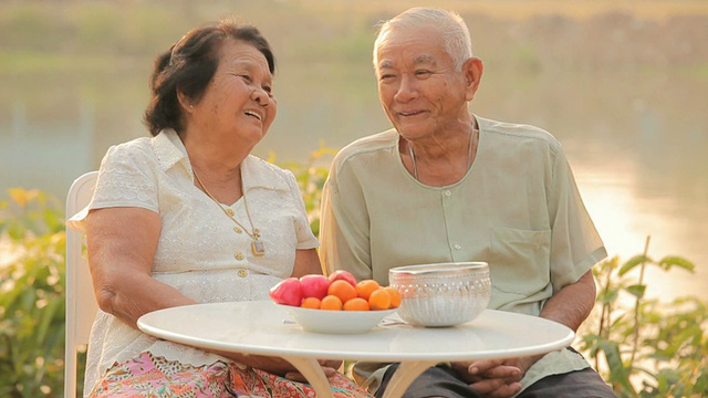 快乐的老夫妇坐在户外视频素材