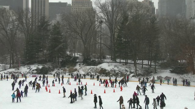 许多人滑冰在沃尔曼溜冰场在中央公园，纽约在一个下雪的冬天。视频素材