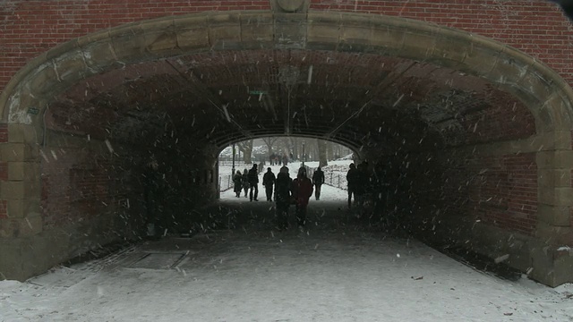 在一个下雪的冬天，人们在纽约中央公园的一座桥下行走。一个街头表演者在桥下抽着烟，躲避着雪视频素材