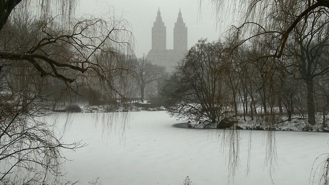 下雪天，纽约中央公园结冰的湖面。背景中可以看到圣雷莫公寓大楼。视频素材