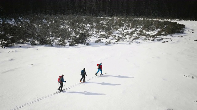 空中滑雪游客在阳光明媚的日子里滑过山谷视频素材